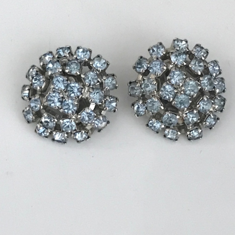 Vintage Signed Triad Clip On Blue Crystal Clip on  Earrings